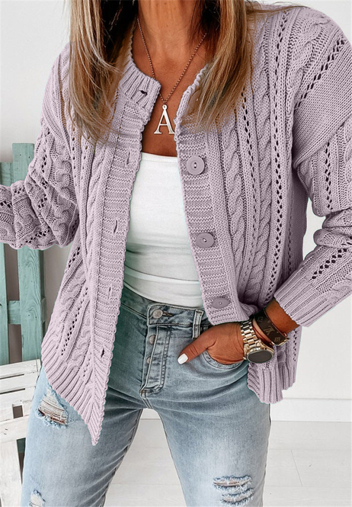 Dam Cardigan – Ullstickad – Avslappnad Passform – Flätstickad – Knappfront