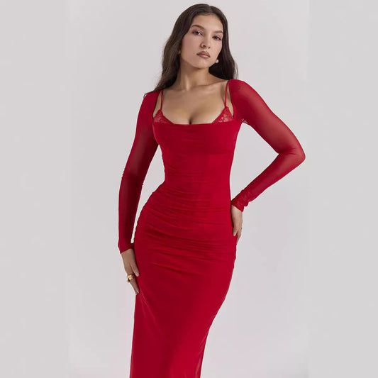 Klänning för dam – Slim fit – Sheath passform – Mesh ärmar – Öppen rygg – Full längd