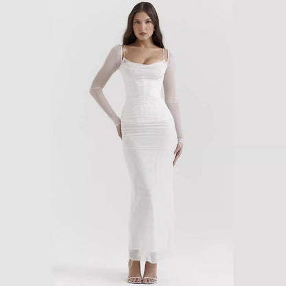 Klänning för dam – Slim fit – Sheath passform – Mesh ärmar – Öppen rygg – Full längd