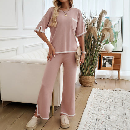 Dam Lounge Set – Stickat Tyg – Avslappnad Passform – Vida Byxor – Kontrastkant