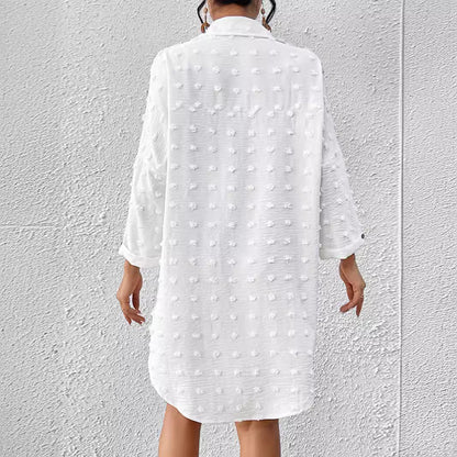 Dam Cardiganskjorta – Chiffong Jacquard – Oversize Passform – Pom-Pom Detaljer