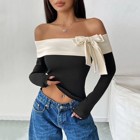 Dam Crop Top – Smal Passform – Off Shoulder – Långärmad – Stretch – Rosettdetalj