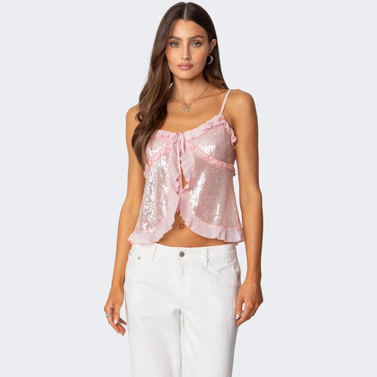 Dam Crop Top – Paljettyg – Smal Passform – Halterneck – Volangkant – Rosettdetalj