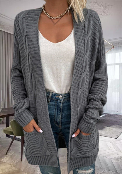 Dam Cardigan – Oversized Passform – Tjock Stickning – Öppen Front – Fickor – Ullblandning