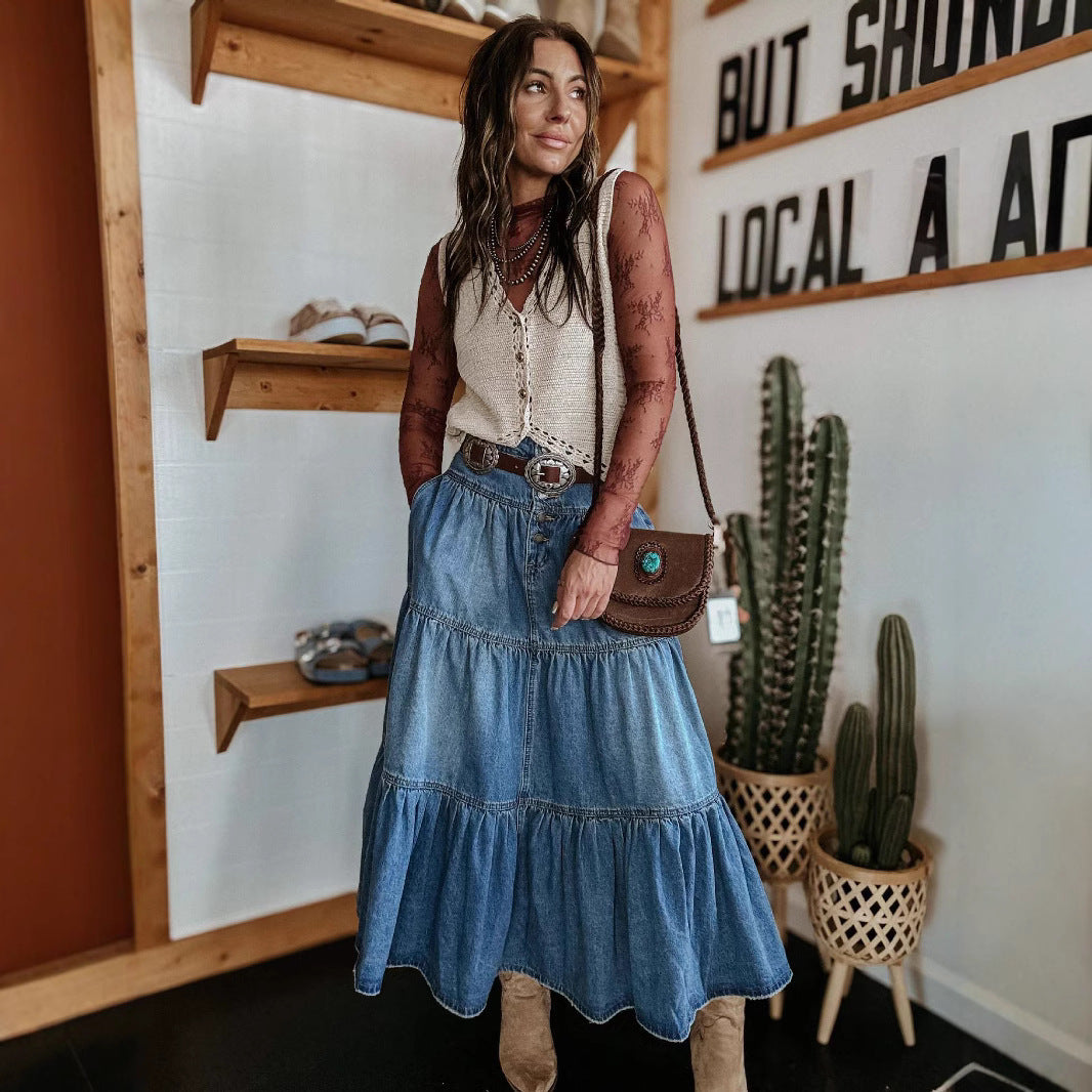 Dam Denimkjol – A-linje Passform – Midilängd – Knappar – Boho Lager-på-lager
