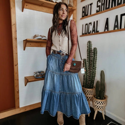 Dam Denimkjol – A-linje Passform – Midilängd – Knappar – Boho Lager-på-lager