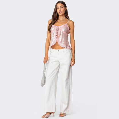 Dam Crop Top – Paljettyg – Smal Passform – Halterneck – Volangkant – Rosettdetalj