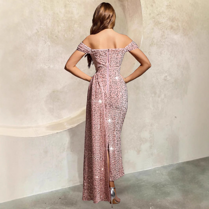 Klänning för dam – Golvlång paljettklänning – Figurnära passform – Off-shoulder festklänning