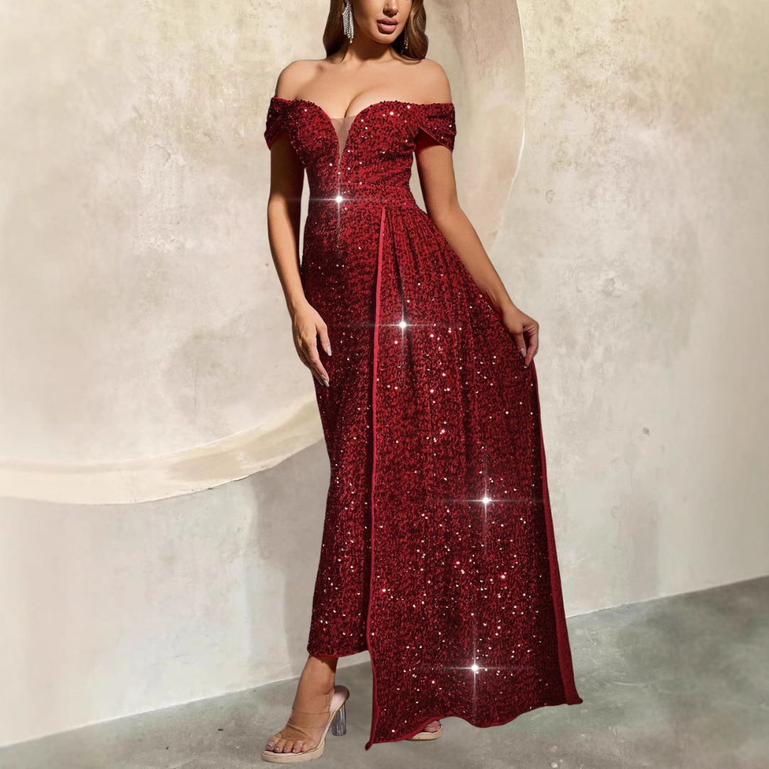 Klänning för dam – Golvlång paljettklänning – Figurnära passform – Off-shoulder festklänning