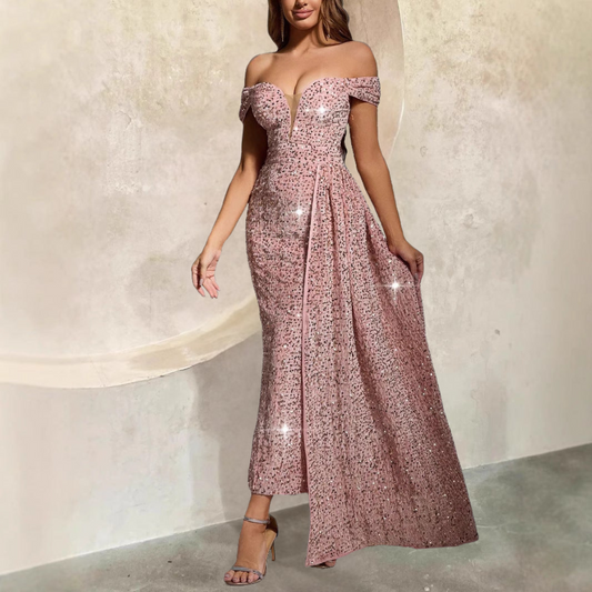 Klänning för dam – Golvlång paljettklänning – Figurnära passform – Off-shoulder festklänning