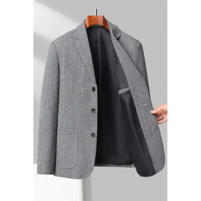 Herreblazer – Ullblanding – Skreddersydd Passform – Herringbone – Notch Slag – 3-Knapps Closure