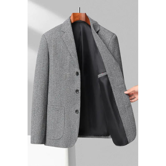 Herreblazer – Ullblanding – Skreddersydd Passform – Herringbone – Notch Slag – 3-Knapps Closure