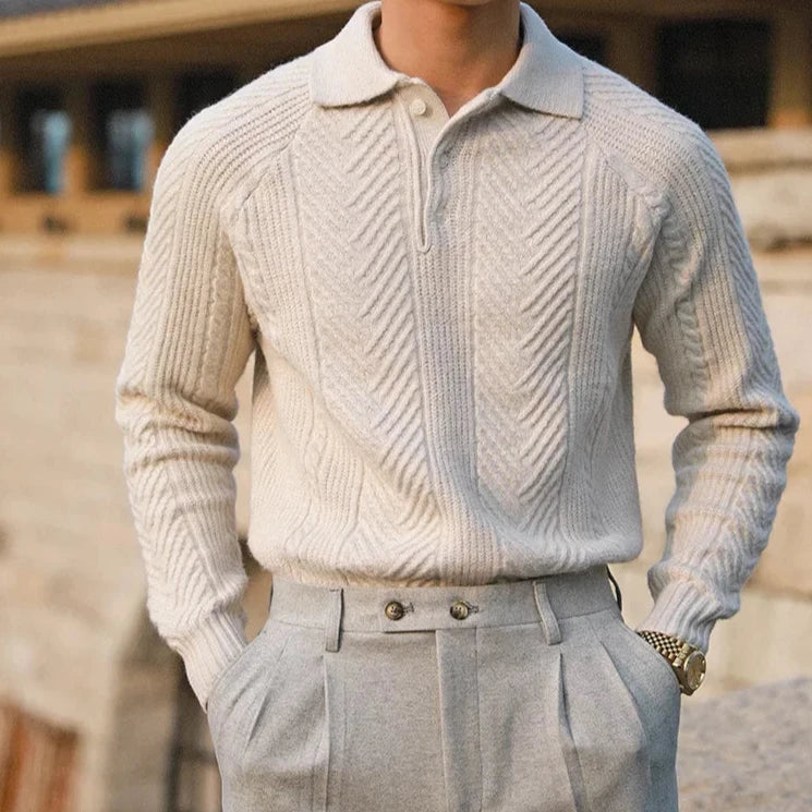 Herrtröja – Slim Fit – Kabelstickad – Polotröja – Långärmad Ullblandning