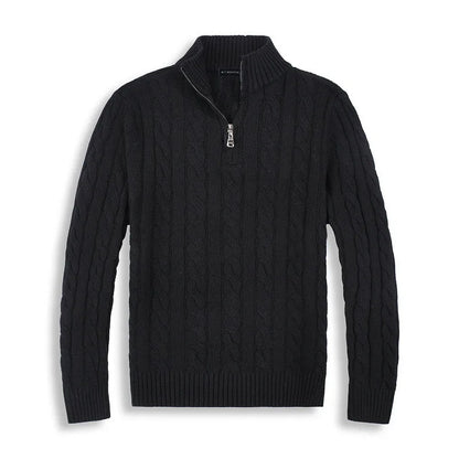 Herrtröja med half zip – bomullsblandning – kabelstickad – regular fit – ribbstickad kant