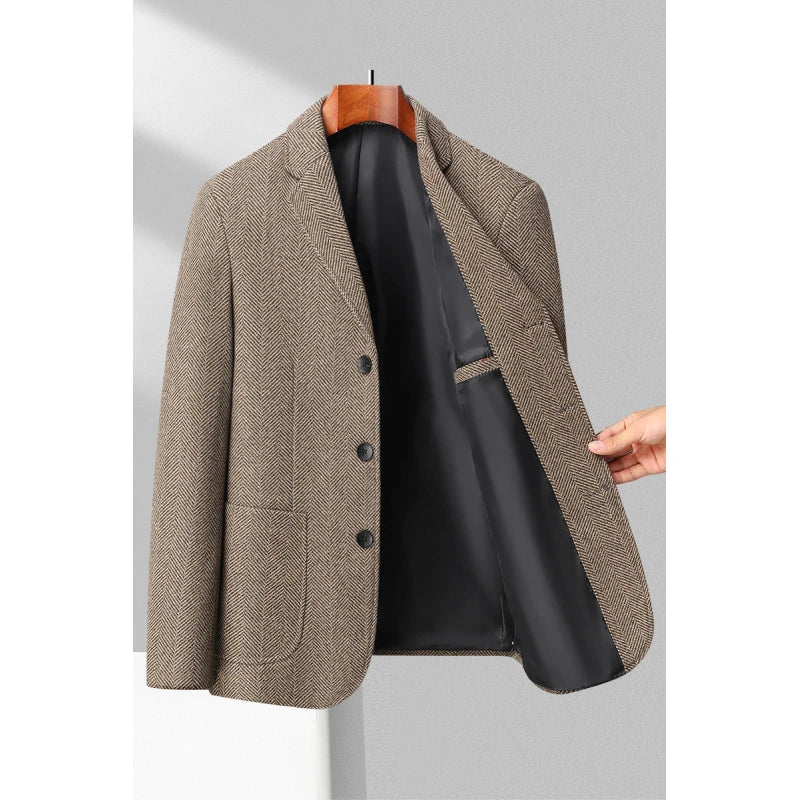 Herreblazer – Ullblanding – Skreddersydd Passform – Herringbone – Notch Slag – 3-Knapps Closure