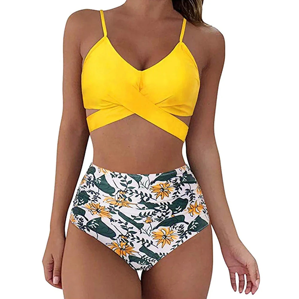 Dam bikini set – slim passform – kors-front topp – hög midja med rynkor