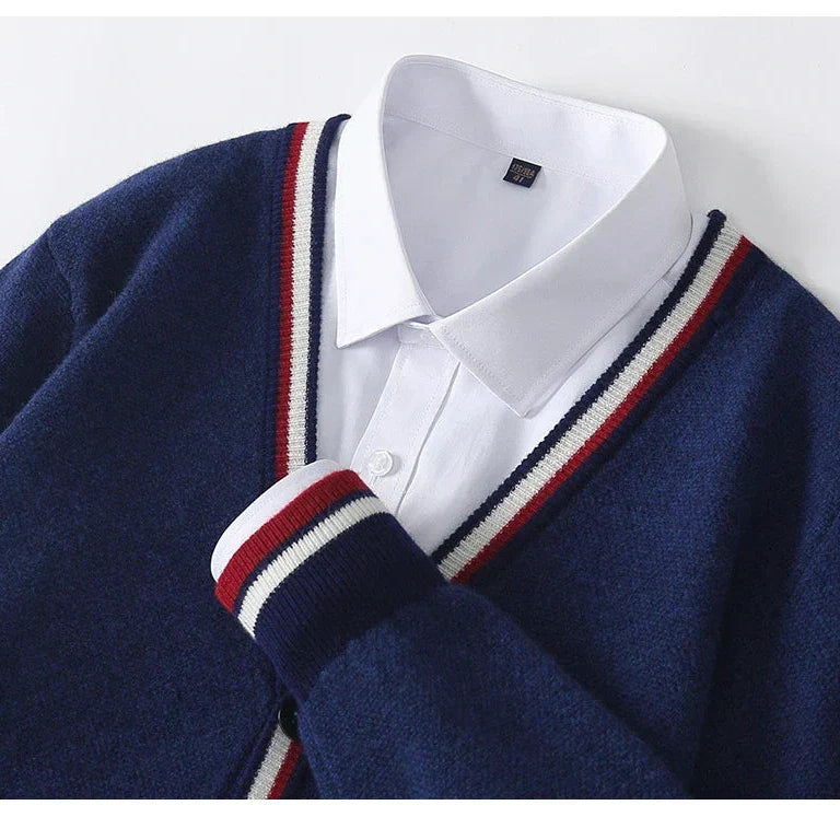 Herrtröja cardigan – Ullblandning – Avslappnad passform – V-ringning – Knappöppning – Randiga detaljer