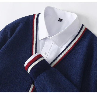 Herrtröja cardigan – Ullblandning – Avslappnad passform – V-ringning – Knappöppning – Randiga detaljer