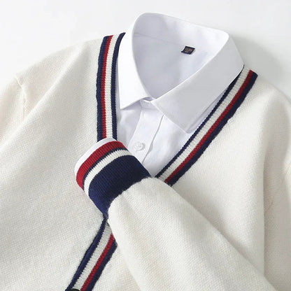 Herrtröja cardigan – Ullblandning – Avslappnad passform – V-ringning – Knappöppning – Randiga detaljer
