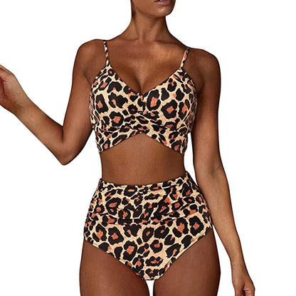 Dam bikini set – slim passform – kors-front topp – hög midja med rynkor