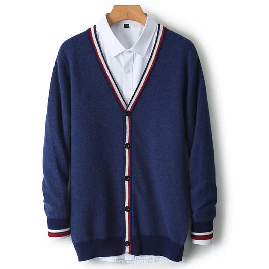 Herrtröja cardigan – Ullblandning – Avslappnad passform – V-ringning – Knappöppning – Randiga detaljer