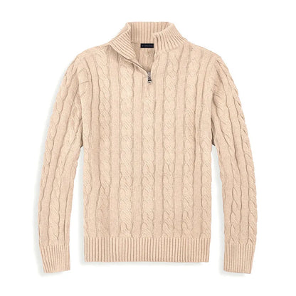 Herrtröja med half zip – bomullsblandning – kabelstickad – regular fit – ribbstickad kant