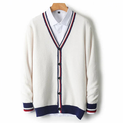 Herrtröja cardigan – Ullblandning – Avslappnad passform – V-ringning – Knappöppning – Randiga detaljer