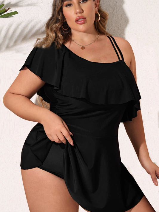 Dam Baddräkt – Asymmetrisk One-Shoulder – Volangdetaljer – Smickrande Passform