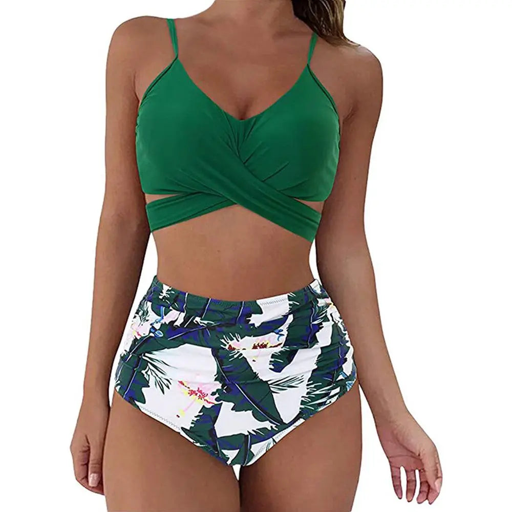 Dam bikini set – slim passform – kors-front topp – hög midja med rynkor