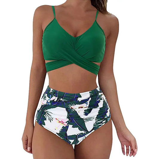 Dam bikini set – slim passform – kors-front topp – hög midja med rynkor