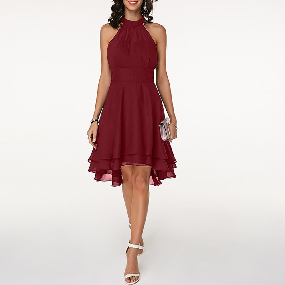 Dam Chiffong Klänning - Ärmlös - Halterneck - Asymmetrisk Fåll - Elegant Festklädsel