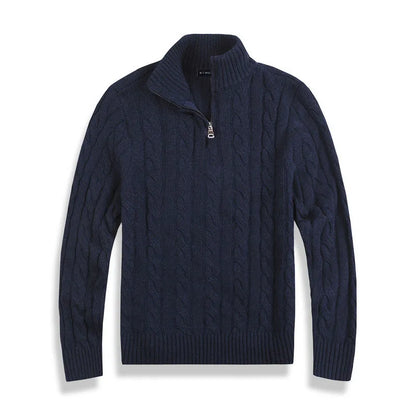 Herrtröja med half zip – bomullsblandning – kabelstickad – regular fit – ribbstickad kant