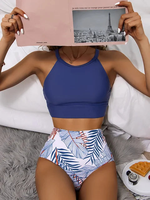 Dam Bikini Set – Hög Halsad Topp – Hög Midja – Stretchig och Snabbtorkande
