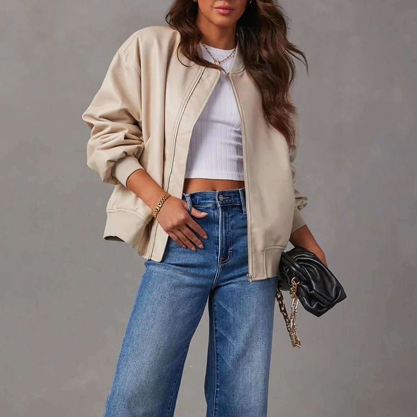 Damejakke – Oversized Passform – Glidelåslukking – Ribbekanter – Avslappet Stil