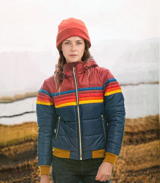 Damjacka – Vadderad Regular Fit – Huva – Dragkedjefickor – Randigt Design