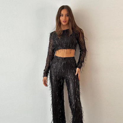 Dam Byxa- och Topp-Set – Fransdetalj – Hög Midja – Eleganta Festkläder