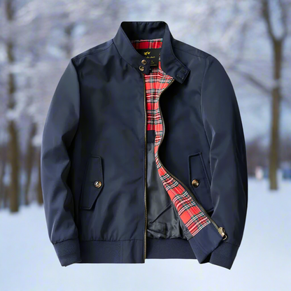 Herr Harrington Jacka – Klassisk Passform – Dragkedja – Ribbstickade Manschetter – Tartan Foder