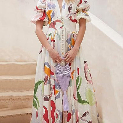 Kjole til dame - Midi A-linje - Puffermet & V-hals - Knapper & Blomstermønster