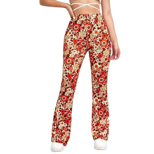 Dam Flared Byxor - Hög Midja - Elastisk Midja - Blommönster