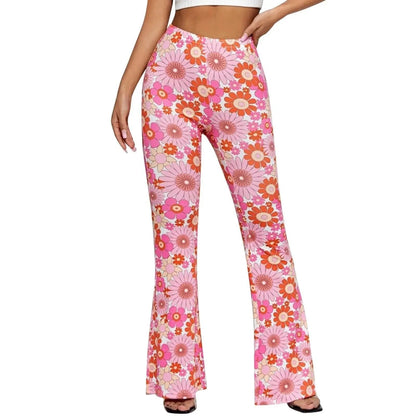 Dam Flared Byxor - Hög Midja - Elastisk Midja - Blommönster