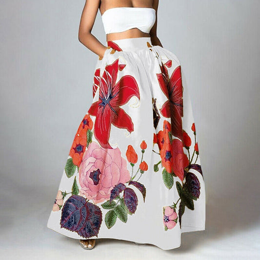 Dam A-linjekjol – Hög Midja – Lång och Voluminös – Blommönster Elegant Look