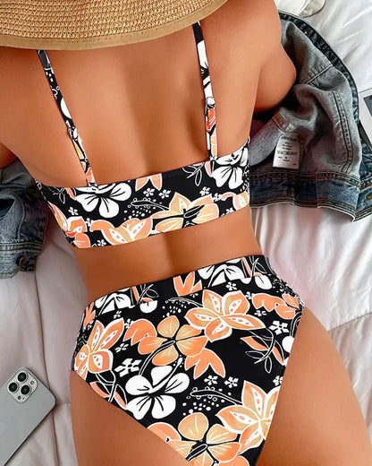 Dam Bikini Set – Hög Midja – Tank Topp – Blommönster – Andningsbart Tyg
