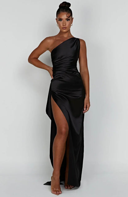 Dam Festklänning - Elegant Maxiklänning - One-Shoulder - Hög Slits - Figurnära Passform