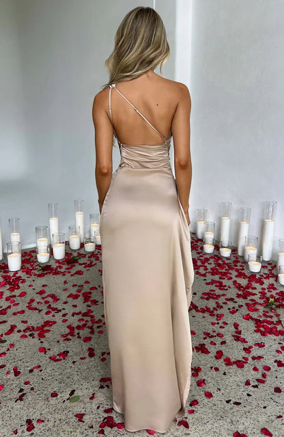 Dam Festklänning - Elegant Maxiklänning - One-Shoulder - Hög Slits - Figurnära Passform