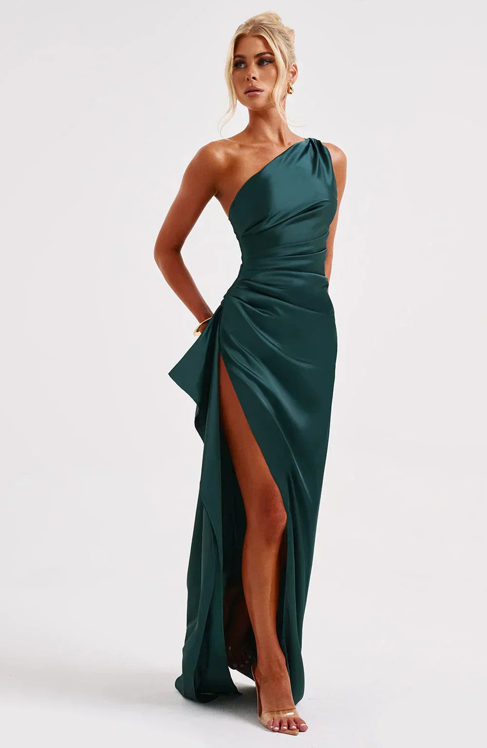 Dam Festklänning - Elegant Maxiklänning - One-Shoulder - Hög Slits - Figurnära Passform
