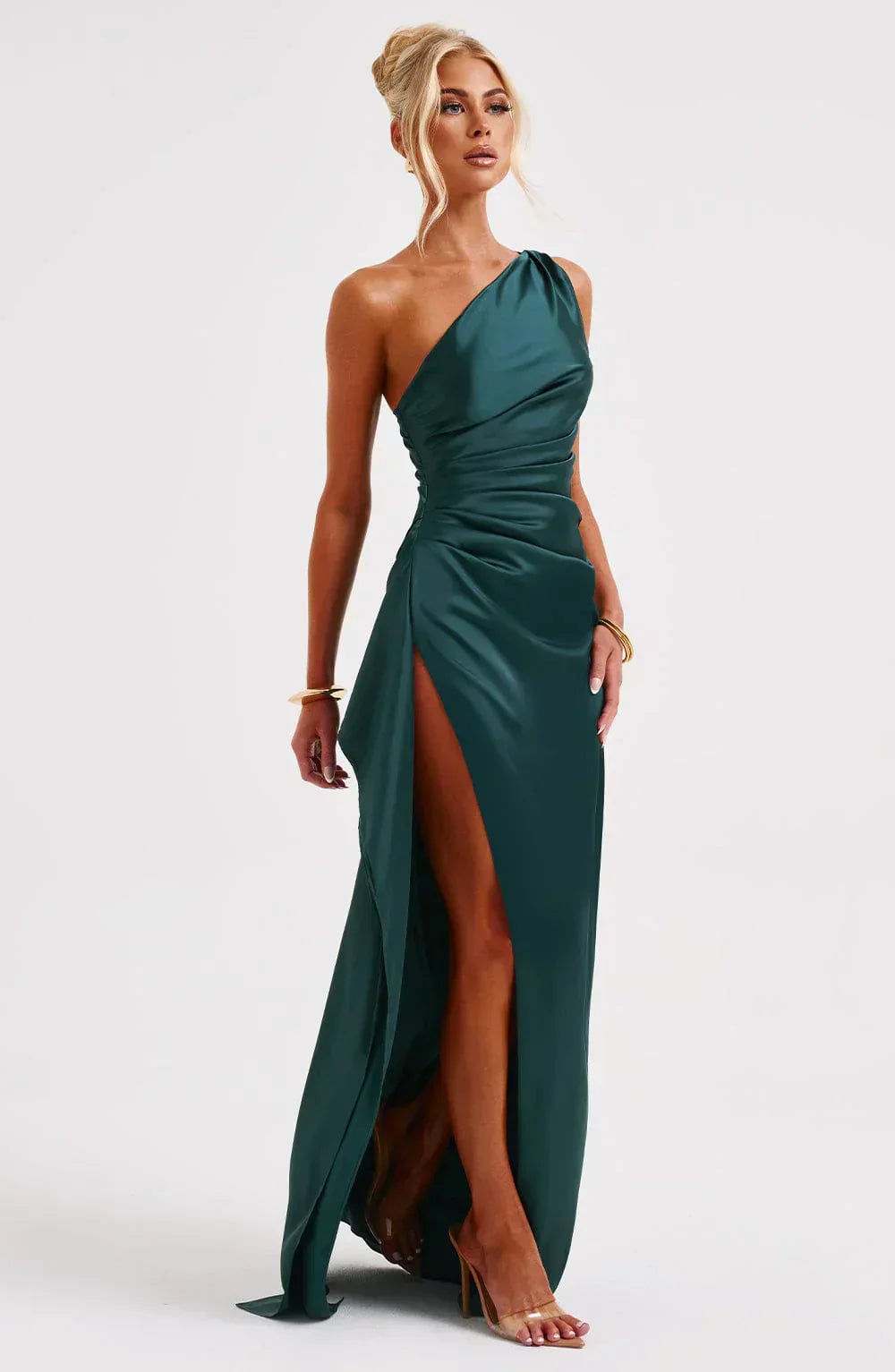 Dam Festklänning - Elegant Maxiklänning - One-Shoulder - Hög Slits - Figurnära Passform
