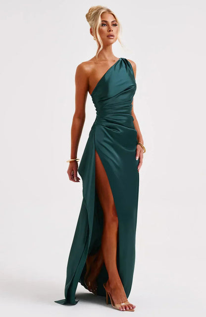 Dam Festklänning - Elegant Maxiklänning - One-Shoulder - Hög Slits - Figurnära Passform