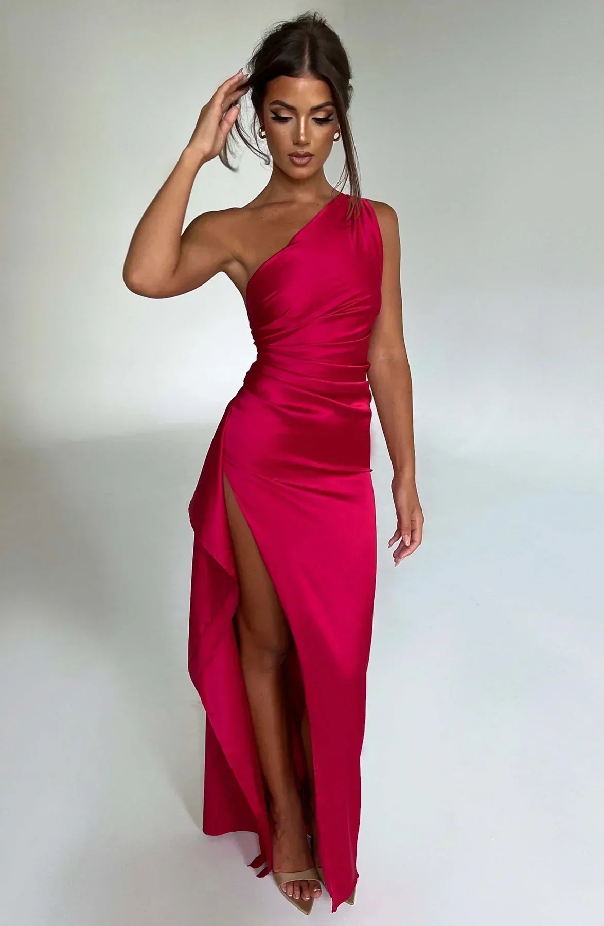 Dam Festklänning - Elegant Maxiklänning - One-Shoulder - Hög Slits - Figurnära Passform