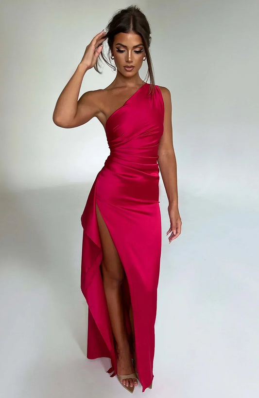 Dam Festklänning - Elegant Maxiklänning - One-Shoulder - Hög Slits - Figurnära Passform