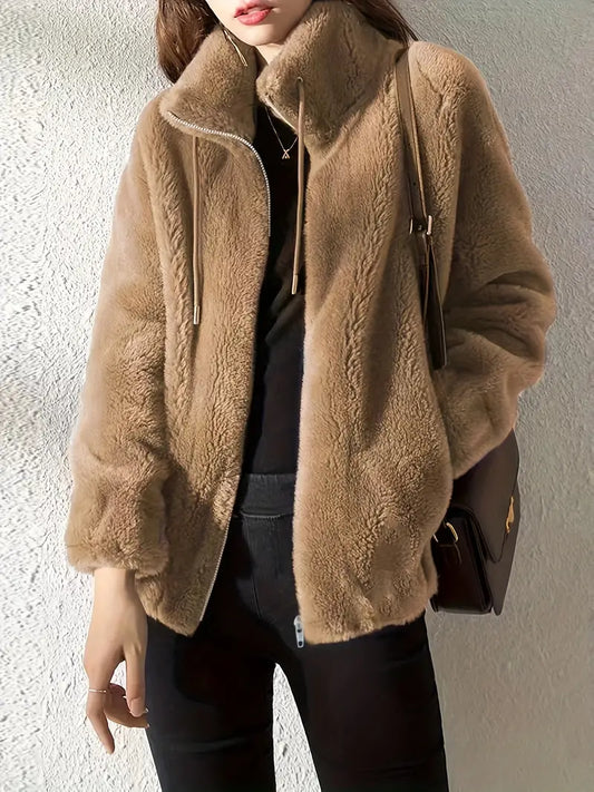 Dam Teddyjacka – Plysch Fleece – Oversized Passform – Hög Krage med Dragkedja